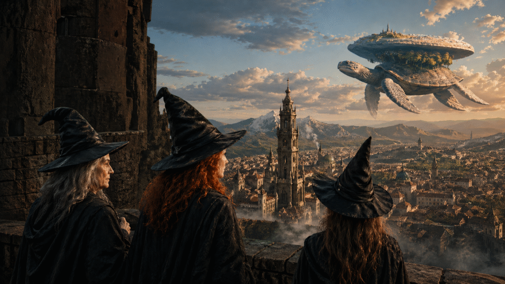 Na obrazie widzimy rozległą, realistycznie przedstawioną scenę fantasy 