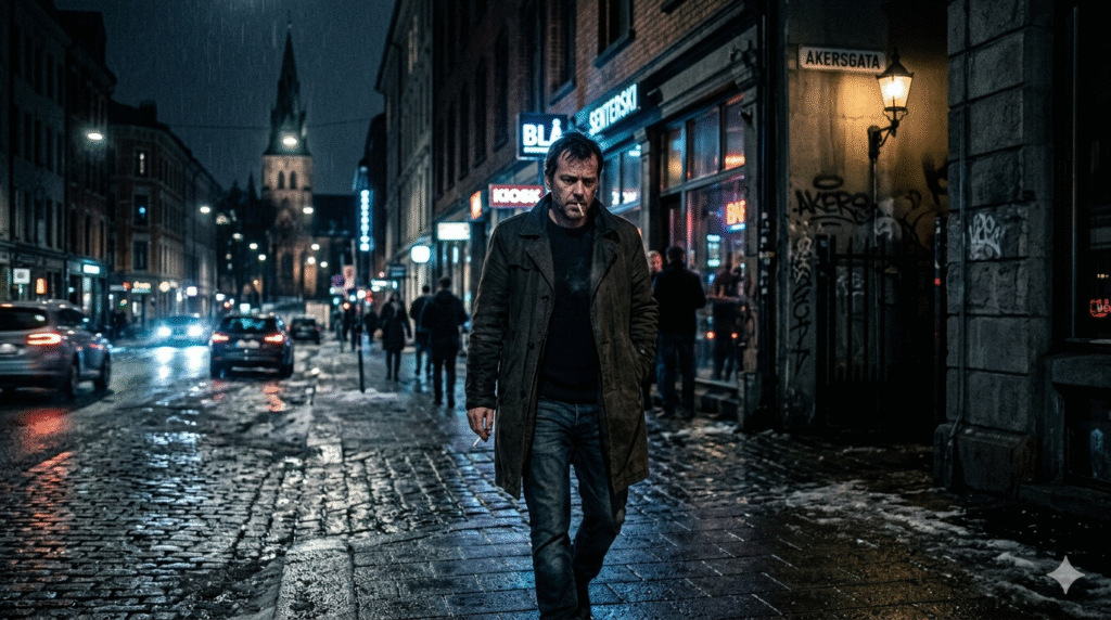 Obraz przedstawia mroczną, deszczową ulicę w Oslo