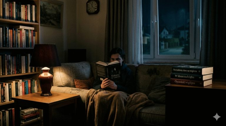 Obraz przedstawia realistyczną, nastrojową scenę wieczornego czytania, która idealnie oddaje klimat literatury grozy bez uciekania się do nadprzyrodzonych efektów